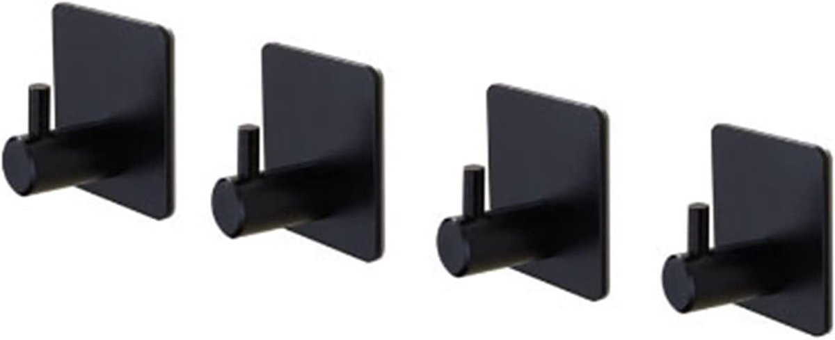 Set van 4 zwarte vierkante wandhaken van 304 RVS met hechting voor kleding en accessoires