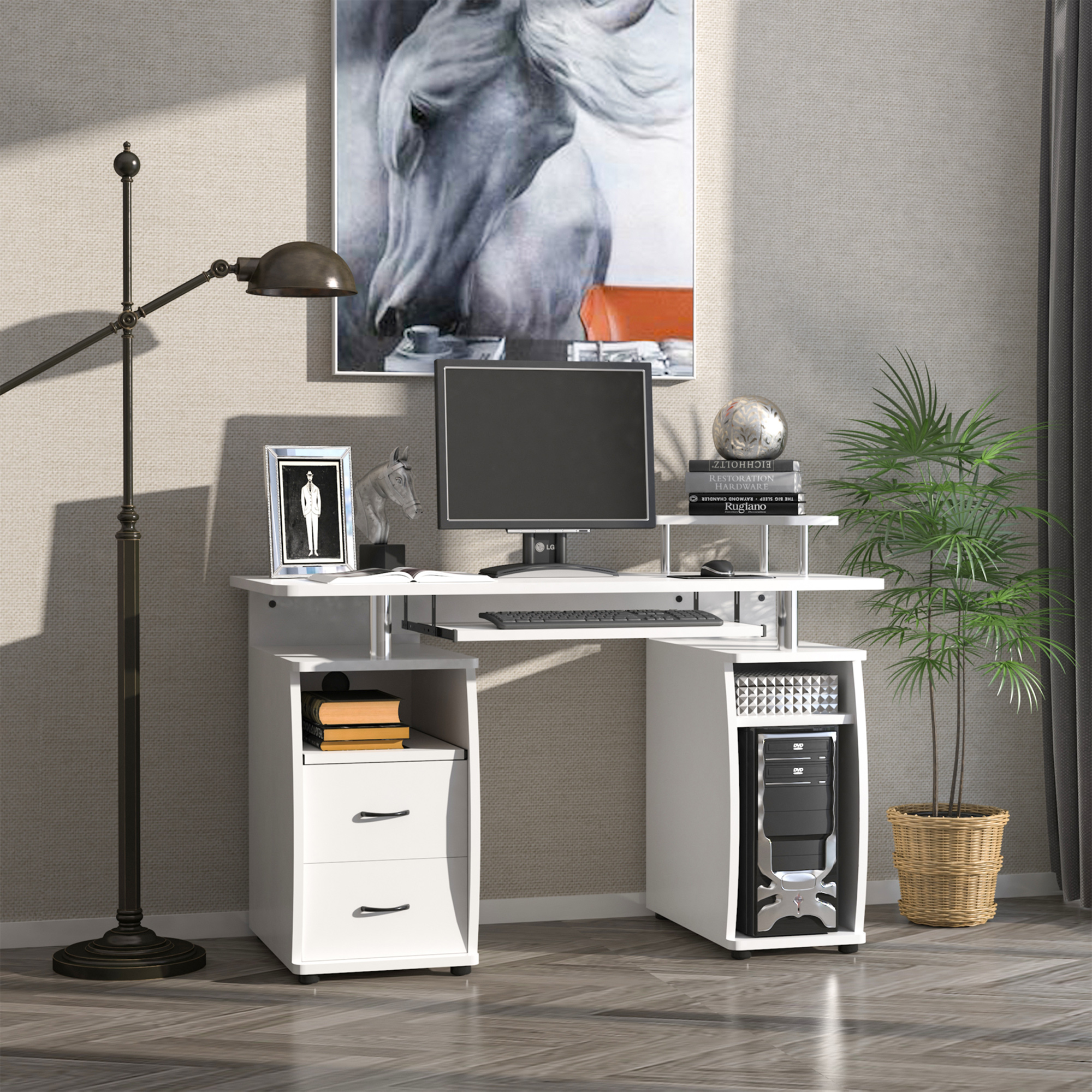 Homcom Scrivania per PC con Ripiano per Tastiera e per Monitor e 2 Cassetti, 120x55x85 cm, Bianca Aosom