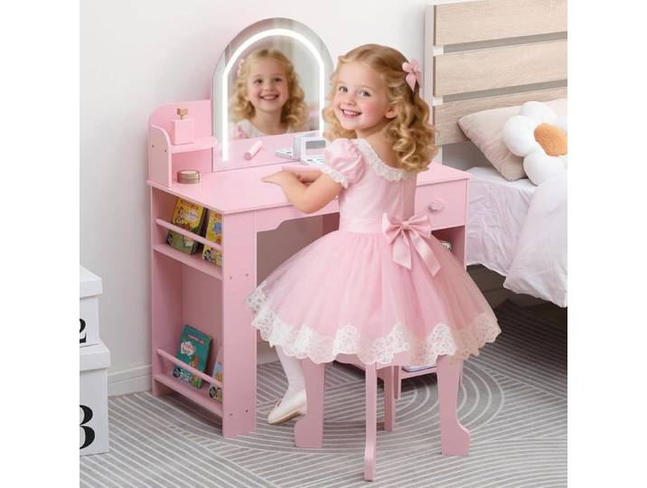 Coiffeuse pour Enfants avec Miroir Lumineux avec Tabouret Bureau pour Enfants Etagères De Rangement Ouvertes avec Accessoirs rose