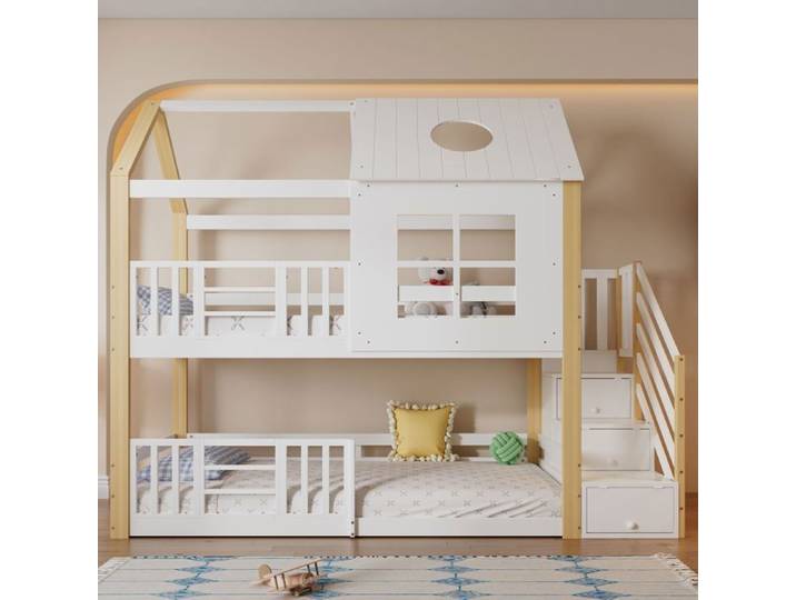 Lits superposés - SOGEU - lit superposé enfant 90x200 - pin+MDF - 2x90x200 cm - avec rangements