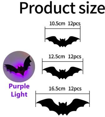Inspire Select LED Glow in the Dark 3D Bat Wall Stickers Halloween Light Up Bat Decor Set (36pcs) purple Bat 36pcs one Set