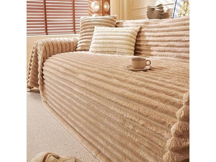 Flauschiges, warmes Flanell-Sofahandtuch mit Streifen Einfarbige Mehrzweck-Sofa-Freizeit-Nickerchen-Decke for Wohnzimmer-Couch-Abdeckung(Khaki,180x380cm)