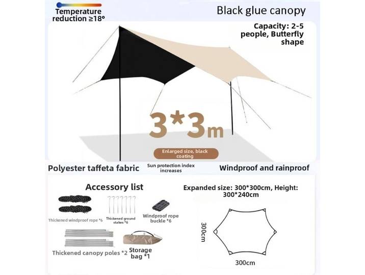 Tente de camping octogonale 3x3/3x4,5m avec poteaux, grande tente de camping, protection solaire, imperméable, pare-pluie, auvent papillon