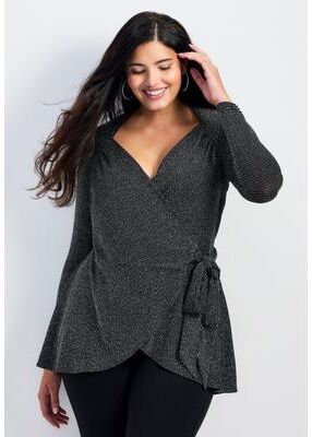 Plus Size Women's Glamour Sparkle Wrap Top by Avenue in Black (Size 26/28)