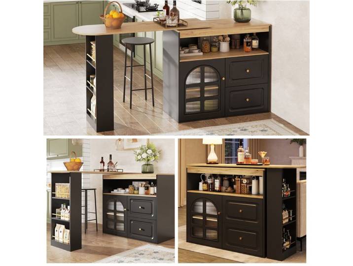 meuble rangement buffet extensible pivotant 138 a 204 cm MDF noir pour salon cuisine EVRYAE
