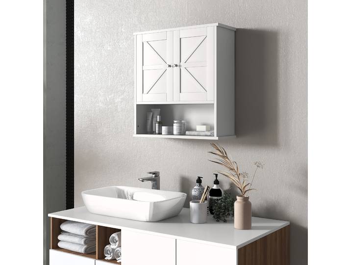 Armoire de salle de bain murale Kleankin, armoire de salle de bain rustique suspendue avec compartiment, étagère réglable, 2 portes, pour cuisine, buanderie, au-dessus des toilettes, blanc