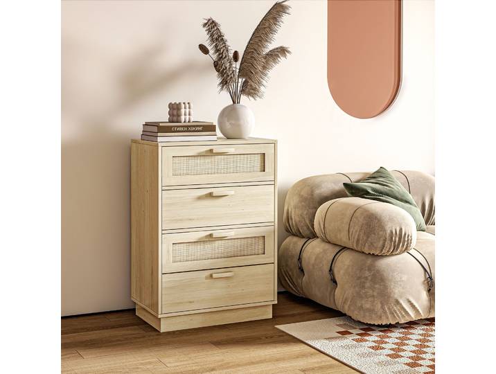 HOMCOM Commode Bohème Rotin 4 Tiroirs Bois Naturel