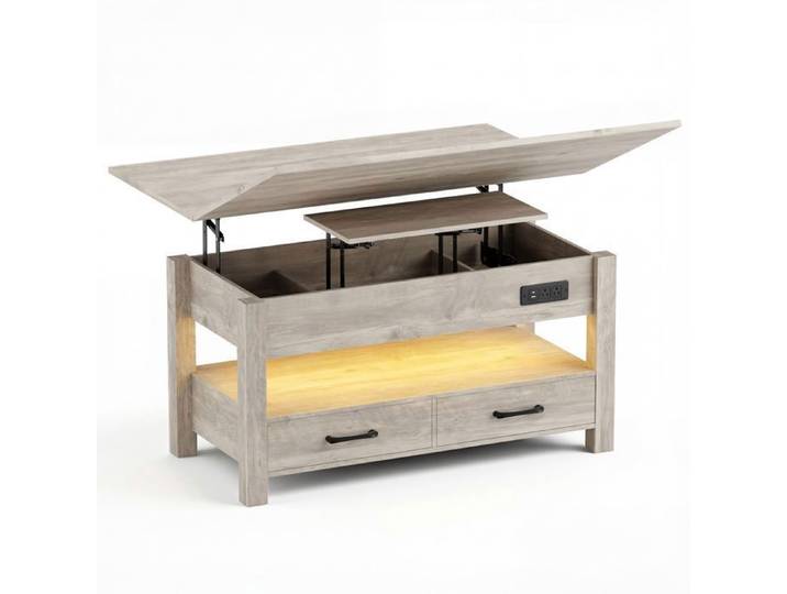 Table basse relevable extensible 4 en 1 avec rangements et 2 tiroirs table basse multifonction style campagne chic Taupe