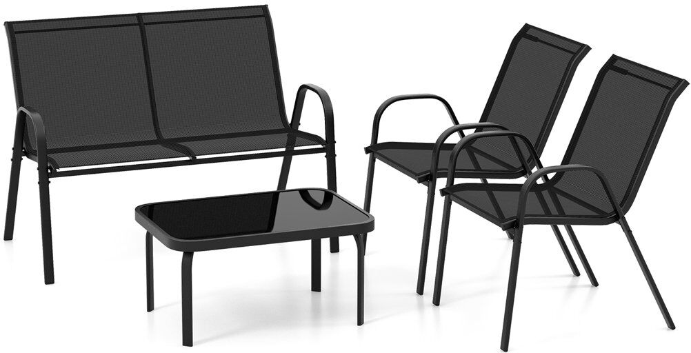 17 Stories 4 Piece Patio Metal Table & Chairs Outdoor Conversation Furniture Set W/ Loveseat-Black Black 4