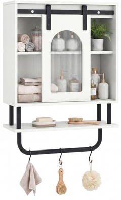 Costway Bathroom Wall Cabinet with Sliding Barn Door and Metal Hanging Bar with 3 Hooks-White
