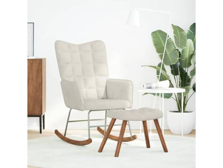 Schaukelstuhl mit Fußablage Creme Samt mit Wohnzimmerhocker Creme-Samt, solider Rahmen, Holzbeine, Multifunktionshocker, für Wohnzimmer und Schlafzimmer
