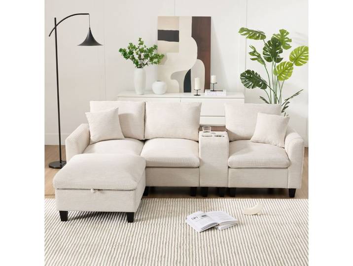 Canape d angle SENVIRO - 4 places modulable console integree 229x149.5x83cm beige