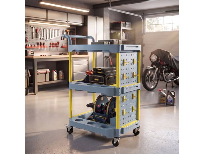 HOMCOM Chariot 3 Étagères Panneau Perforé Roues Freinées Gris Jaune