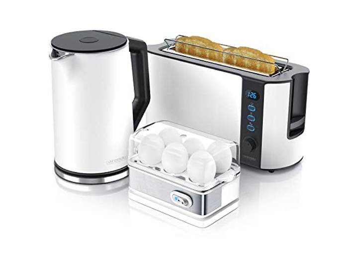 Arendo - Wasserkocher mit Toaster SET und Eierkocher SET Edelstahl Weiß matt Wasserkocher 1,5L 40° - 100°C, Toaster 2 Scheiben LED-Display 6 Bräunungsgrade Eierkocher 1-6 Eier Messbecher BPA frei