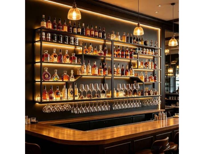 AUSKLЕZU Wandmontiertes Weingestell mit LED-Leiste，Schwarz：240cm Metallregal im Industrie-Stil mit Holzoptik, warmem Stimmungslicht und Glashaken, ideal für Kellerbar, Loft und Wohnzimmer.