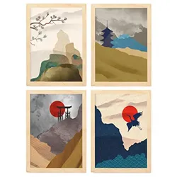 POSTER Set mit 4 Japanische Harmonie Ästhetische A3 Rahmen aus hellem Holz