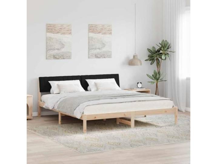 RJPLMFV Bettgestell, 180 x 200 cm, massives Kiefernholz, Braun Kopfteil aus Polyester, Wandmontage, inkl. Latten, modernes Design, einfache Reinigung