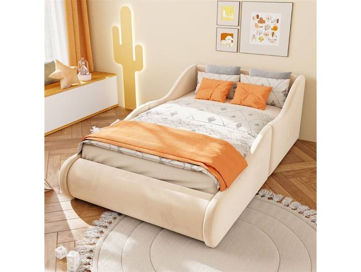 Lit Simple 90x200cm - Lit Enfant 90x200cm - Velours - Tête de Lit Haute & Rebords de Sécurité Protégeants - Beige