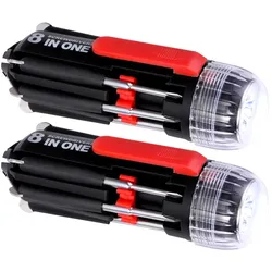 Multifunktionswerkzeug Schraubendreher Taschenlampe Werkzeug, 7 Werkzeuge, schwarz rot, 4x LED Tageslicht, DxH 4x13,5cm, 2er Set