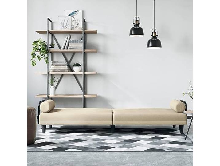KTHLBRH Schlafsofa mit Armlehnen, cremefarben, aus Stoff Verstellbare Rückenlehne, Rahmen aus Sperrholz, 2 Kissen inklusive, 205 cm Breite