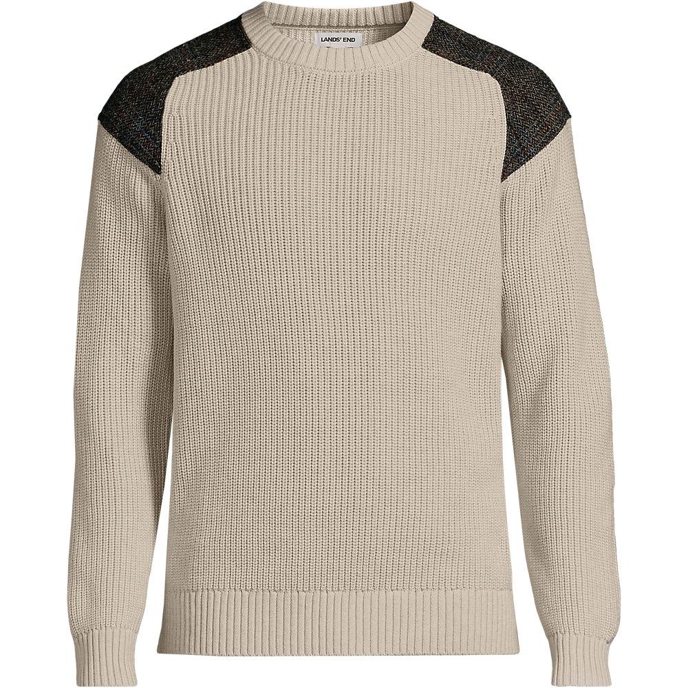 Harris Tweed Strickpullover mit Tweed-Patches, Damen, size: regular, Beige, Baumwolle, by Lands' End
