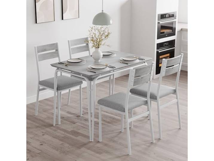 LuxFocus 5er Esszimmer Set Tisch mit 4 Stühlen Grau Rechteckige Essgruppe mit MDF-Tischplatte, gepolsterten Stühlen und stabilem Metallgestell für Küche und Esszimmer