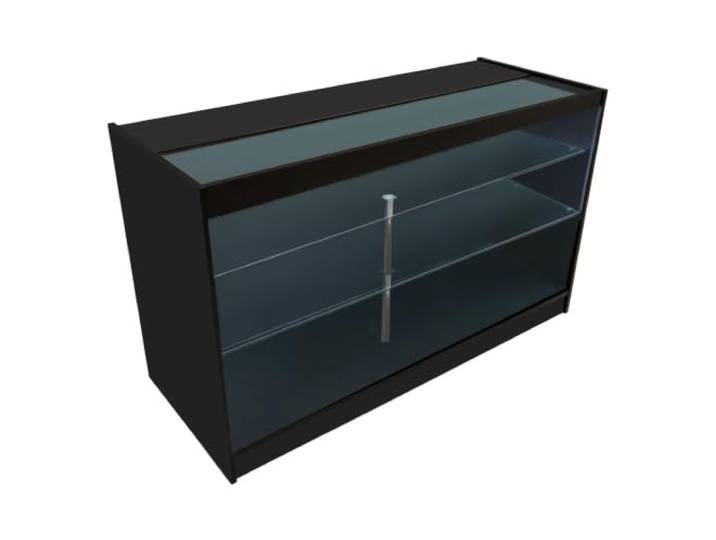 Schwarze LED-Ladentheke K1500 – Abschließbare Schiebetüren I 2 Schlüssel – Verkaufs- & Aufbewahrungseinheit mit Glasvitrine – Empfangstresen für Kleidung und Schmuck – 3 Regale – Kaltweiße Beleuchtung