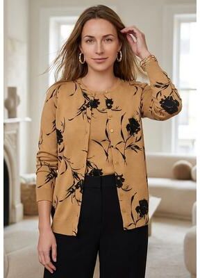 Plus Size Women's Fine Gauge Button-Front Cardigan by Jessica London in Soft Camel Bold Rose (Size 12) Sweater