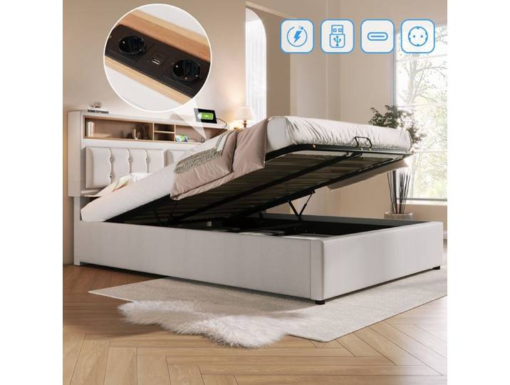 Structure de lit Nouveau Eco matériau matelassé lit double avec prise USB C fonction de charge tête de lit lit de rangement