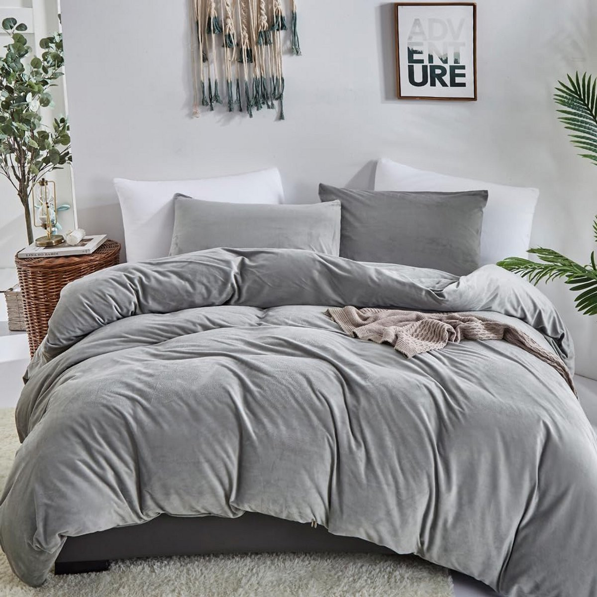 Dekbedset Fluweel Queen Size - Zilvergrijs