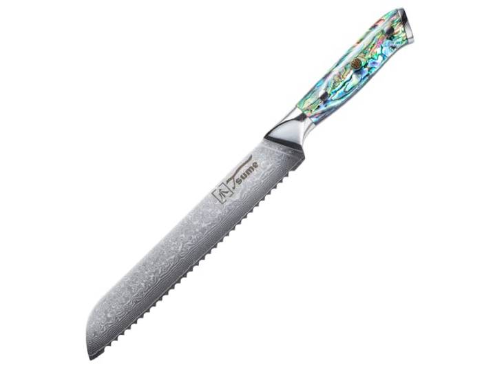 Tsume Brotmesser Abalone, Klingenlänge 19cm, Echtes Damast Küchenmesser mit Perlmuttplatten, 67 Schichten VG10 Edelstahlkern mit Kunstharz Handgriff, Rasiermesserscharf