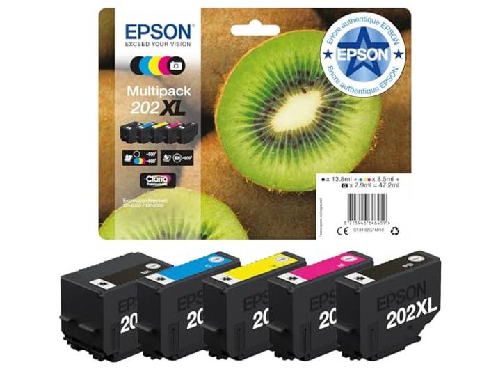 Epson 202XL Kiwi Genuine High Yield Multipack\, 5-colours Ink Cartridges\, Claria Premium Ink