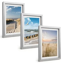 BILDER SET 3er Set - 20x30 cm Silberner Rahmen - Strand, Sand, Wellen, Himmel, Vögel
