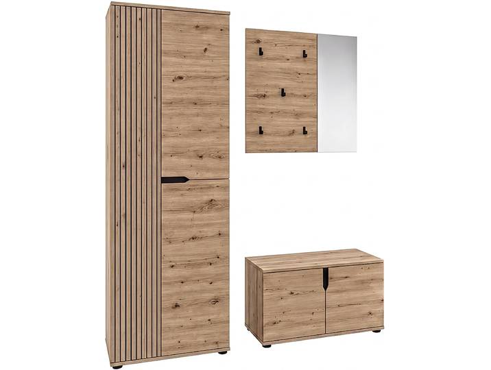 Garderoben-Set GOODPRODUCT FJELL, 3-teilig, Breite 160cm, Front mit hochwertiger Längsfräsung , braun (artisan eiche nachbildung), B:160cm H:191cm T:37cm, Holzwerkstoff, Kastenmöbel-Sets, Garderoben-Set, Garderobenkombination, Kombination, Set, Garderobe, Flurgarderobe