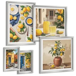 BILDER SET 5er Set - 50x50 cm & 20x30 cm & 40x60 cm Silberner Rahmen - Bunte Strandhäuser