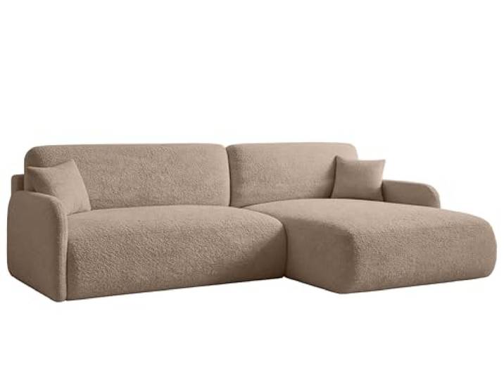 KP-Meble Ecksofa mit Schlaffunktion - 256x175 cm Bouclé Beige – Modernes L-Sofa, Schlafsofa mit Bettkasten, Große Couch mit Stauraum Pierr (Anthology 4, Rechts)