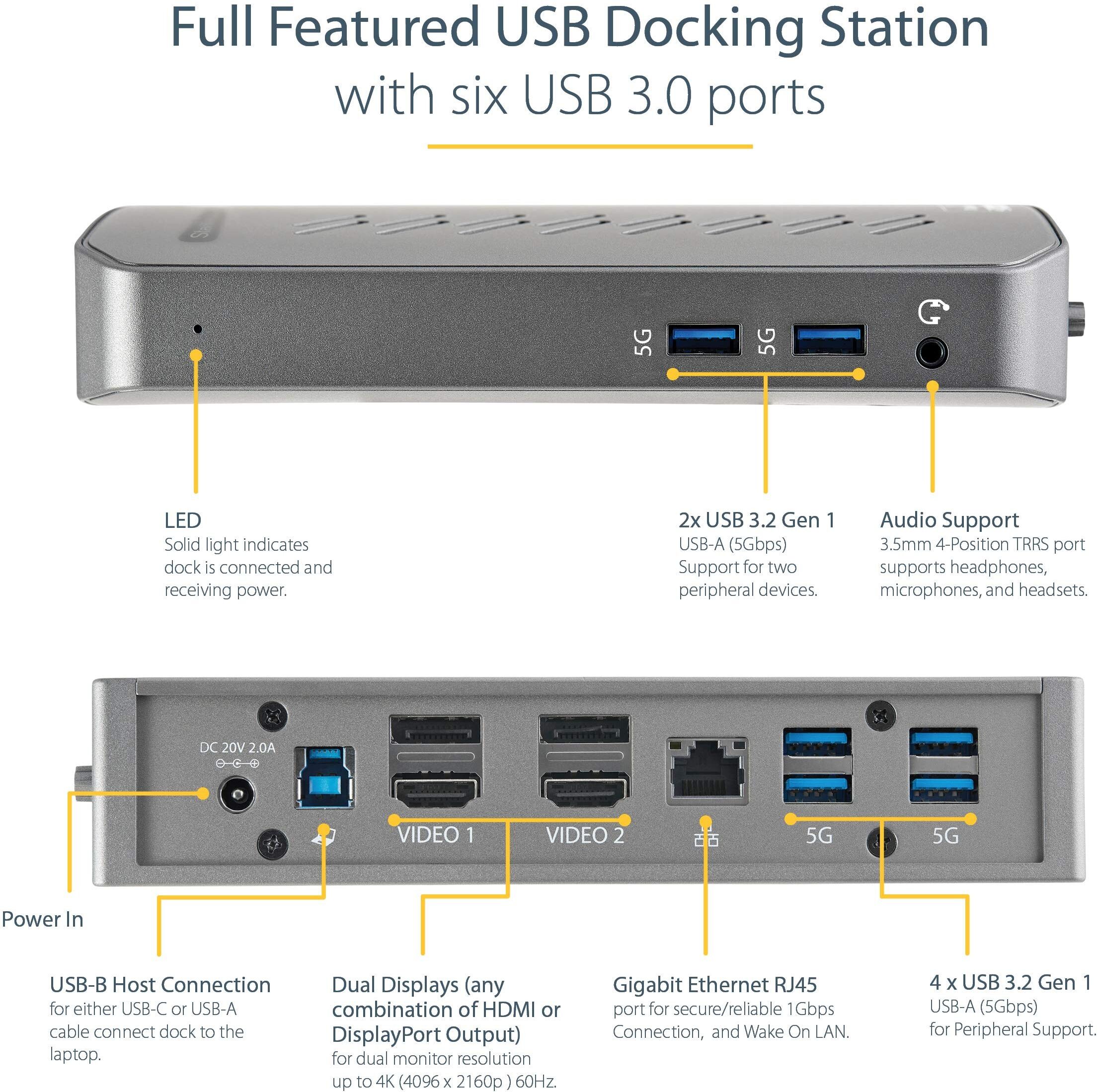 StarTech DK30A2DHU USB-C USB-A Dock - Hybrid Universal USB 3.0 Docking Station for USB-C or USB-A Laptop - Dual Monitor 4K 60Hz HDMI/DisplayPort - 6x