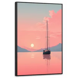 LEINWAND Bilder mit Rahmen - Segelboot - Rosa Meer - Sonnenuntergang - Berge - 60x90