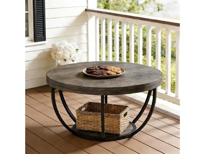 Table Basse Ronde BELLEMAVE - Table Basse en Bois à 2 étages - Base Métallique - Table de Salon - Ø80.49 x H43.99 cm - Gris