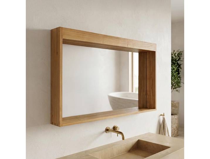 Miroir rectangulaire 120 cm cadre en teck massif avec emplacement lampes