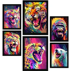 POSTER Set Mit 6 Wilde Tiere Im Hochformat Lebhafte Aquarell Stil Illustrationen Von Lächelnde Tiere Innenarchitektur A3 & A4 Schwarzer Rahmen