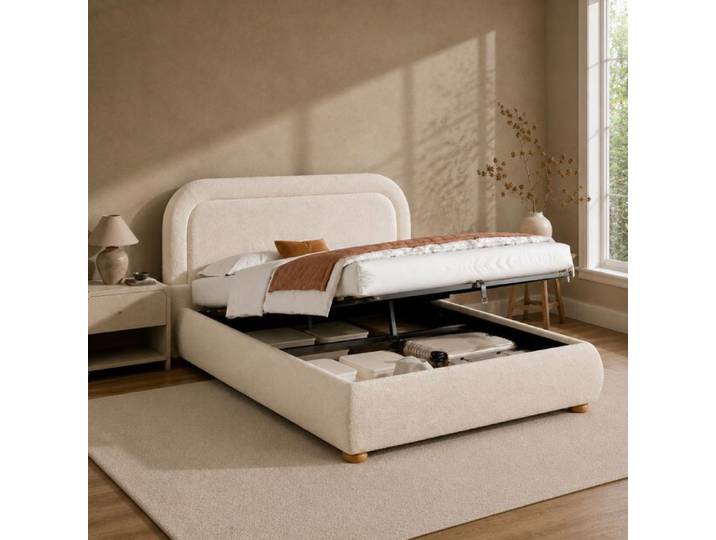 Lit double capitonné 140x190 beige bouclé avec rangement hydraulique