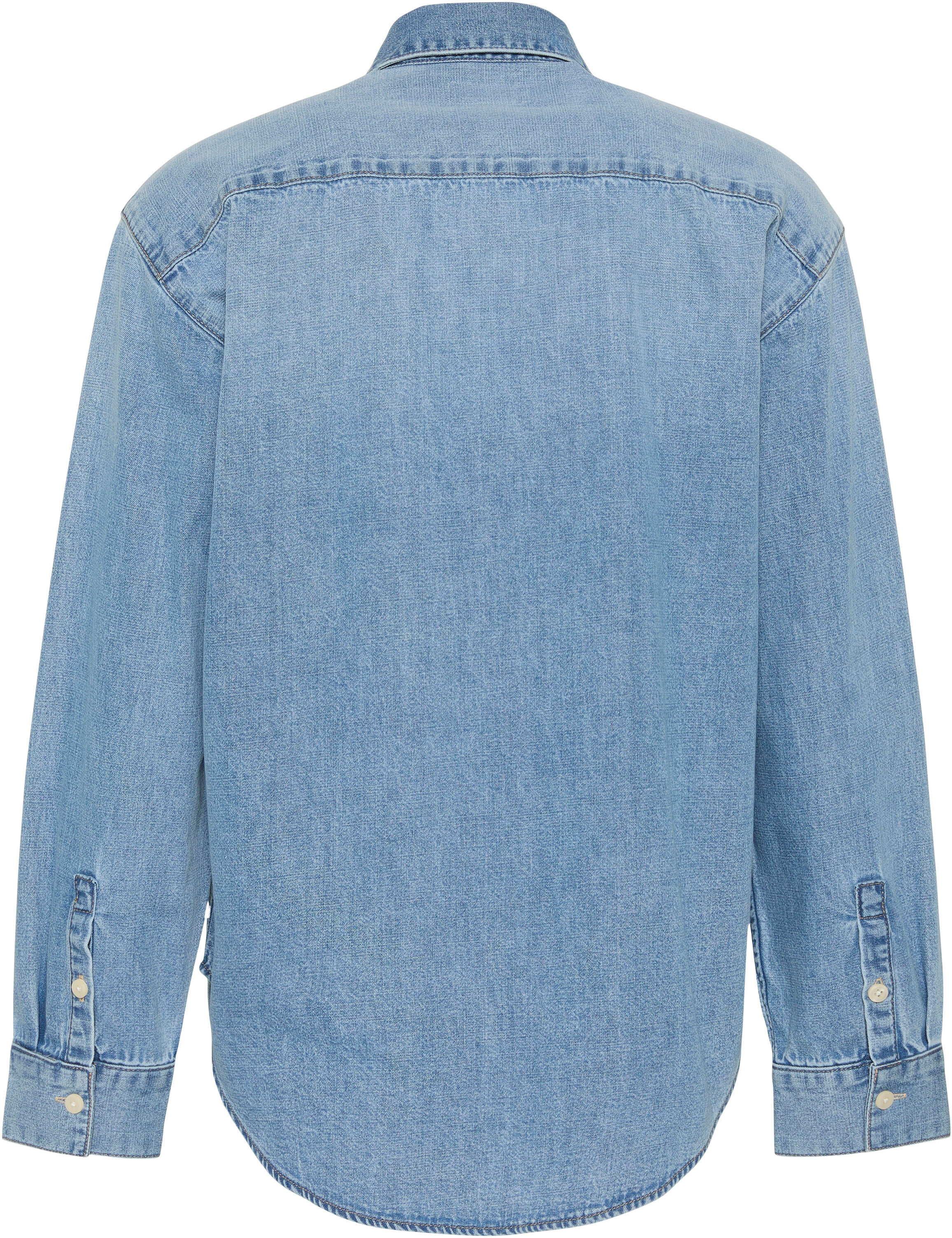 Jeansbluse CALVIN KLEIN JEANS "OVERSIZED SHIRT VINTAGE BELL", Damen, Gr. M (40), blau (vintage bell), Denim/Jeans, Obermaterial: 100% Baumwolle, unifarben, oversize normal, Rundhals, eingesetzt angesetztes Bündchen, Blusen Jeansbluse, Oversize fit mit Run