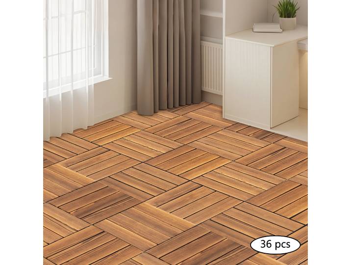 36 pièces de dalles de sol en bois 30x30cm, revêtement de sol en bois assemblé, pin brun, pour patio, chambres, jardins, usage extérieur