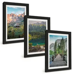 BILDER SET 3er Set - 20x30 cm Schwarzer Rahmen - Berglandschaft See Brücke