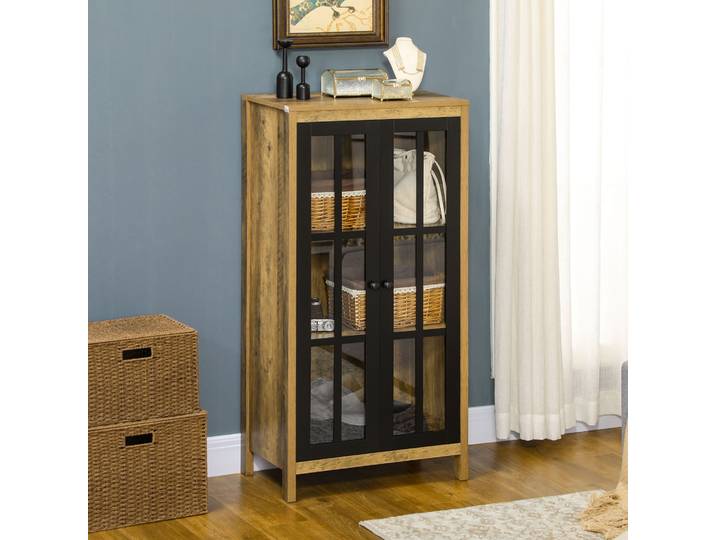 HOMCOM Credenza Moderne Bois Verre 2 Portes 60x35x120cm Marron