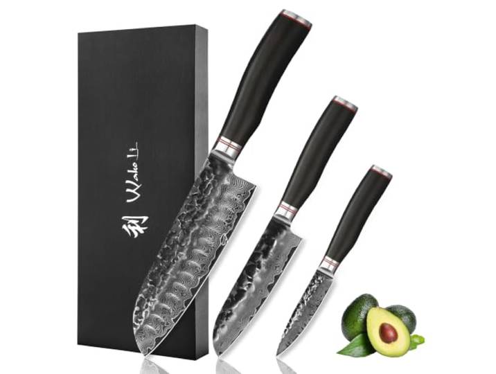 Wakoli EBO 3-teiliges Damastmesser-Set, 67 Lagen Damaststahl mit VG-10-Kern Santoku, kleines Santoku und Officemesser; Hammerschlag, schwarze Eichengriffe, 15° V-Schliff je Seite, 60±2 HRC, Geschenkbox