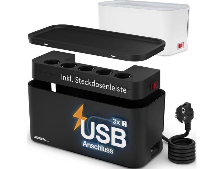 Boîte à câbles avec multiprise USB - 5 prises\, USB-A\, 33 x 14 x 14 cm\, 2500 Watt - Pour cacher les câbles\, Cable Organizer\, boîte de gestion des câbles\, boîte à câbles noire - ACROPAQ