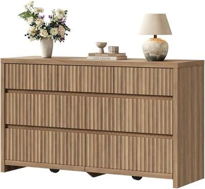 SICOTAS "55.2"" Wide Modern Fluted 7-Drawer Dresser, Handleless Wood Storage Chest with Anti-Tip & Hidden Casters"