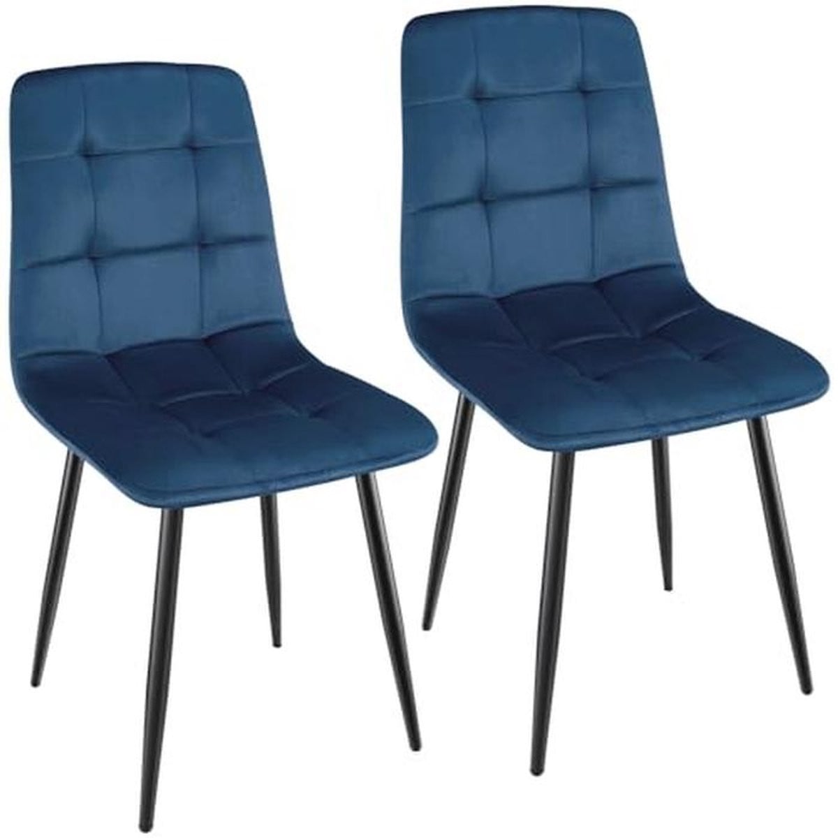 Set van 2 donkerblauwe fluwelen eetkamerstoelen met metalen poten
